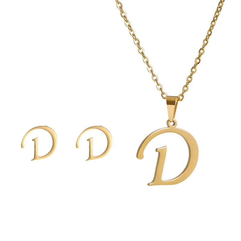 Fashion Stainless Steel A-Z Alphabet Initial Necklace 26 English Letter Earrings Necklace For Women Set Personalize Jewelry Gift