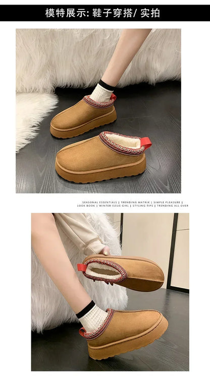 Snow Boots for Women 2023 Winter New Cashmere Warm Thick Soles Without Heel-covered Hair Half Slipper Cotton Shoes for Women