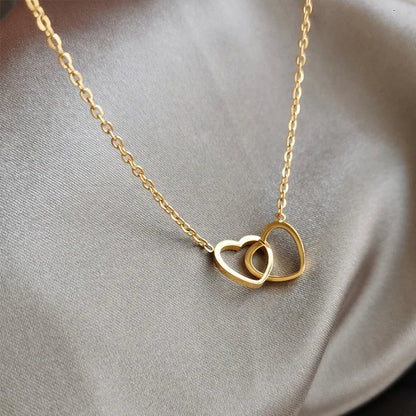 Simple Double Heart Pendant Necklace for Women Couple Stainless Steel Choker Gold Color Chain Wedding Party Friends Jewelry Gift